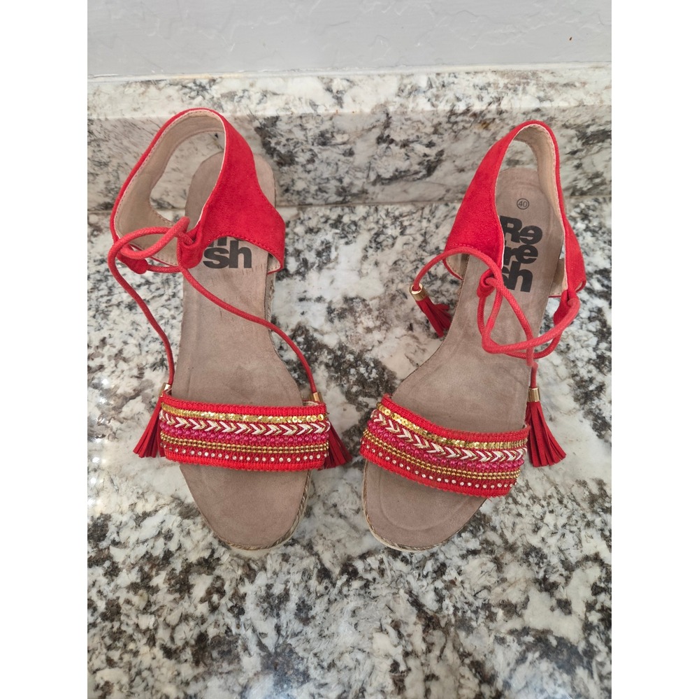 Refresh Red Boho Beaded Espadrille Wedge Sandals Ankle Tie Tassel 40 EU 9.5 US - Picture 10 of 13